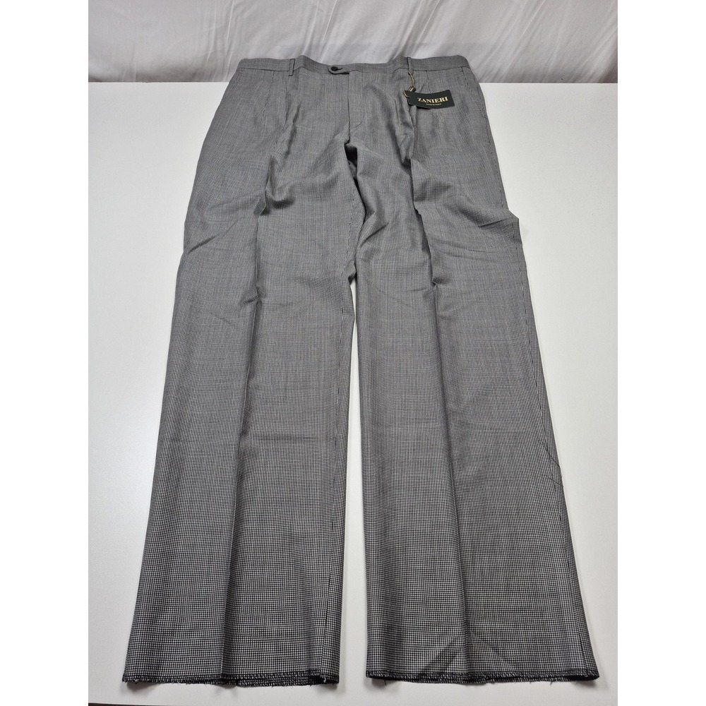 VTG Zanieri Dress Pants Mens 46x36 Gray Wool Pleated Houndstooth Unhemmed Italy